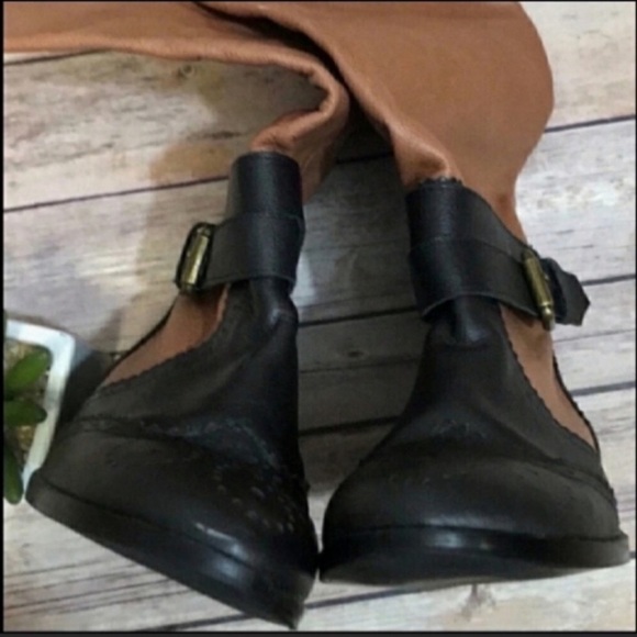 Cynthia Vincent Leather Color Block Tan Black Boots 7 - Picture 6 of 8